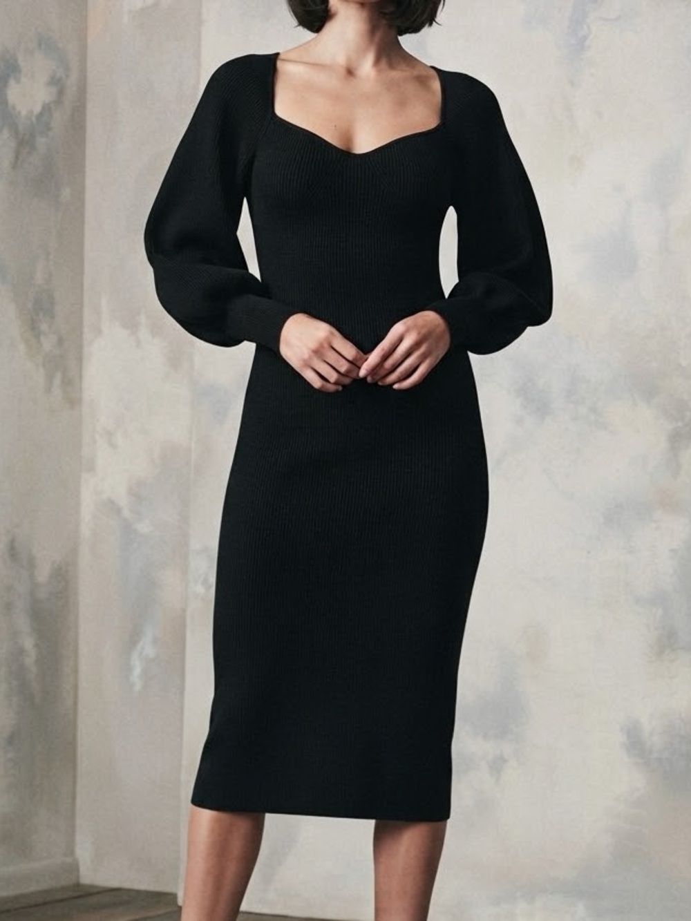 Tahari Black Knit Sweetheart-Neck Midi Dress with Puff Sleeves